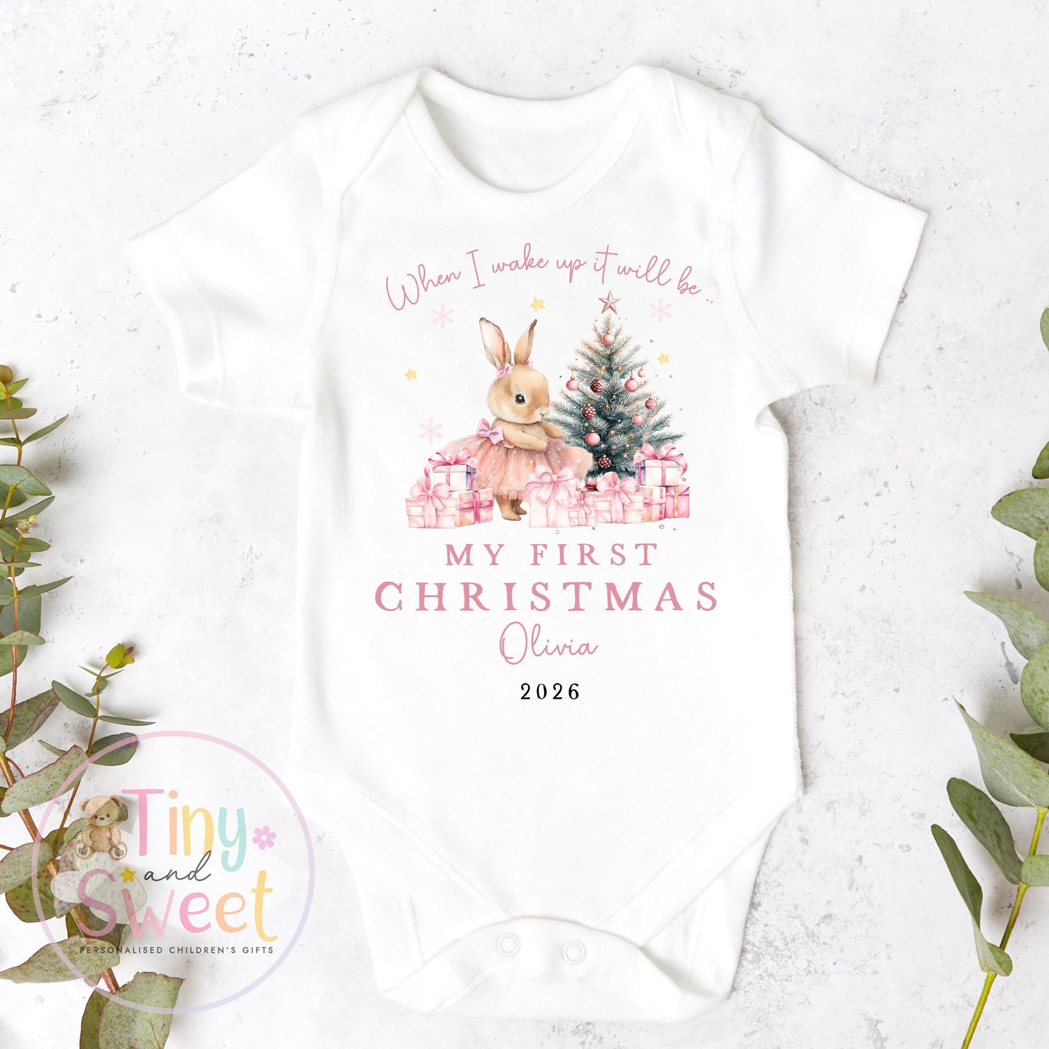Personalised My First Christmas Ballerina Bunny Sleepsuit, When I wake up it will be christmas, Babies 1st Christmas, New Baby first xmas