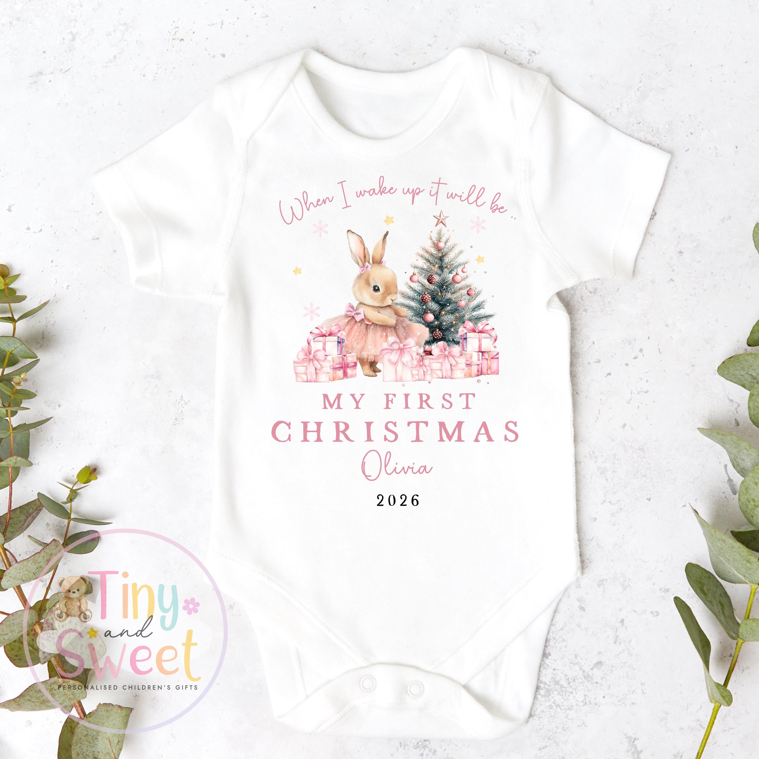 Personalised My First Christmas Ballerina Bunny Sleepsuit, When I wake up it will be christmas, Babies 1st Christmas, New Baby first xmas