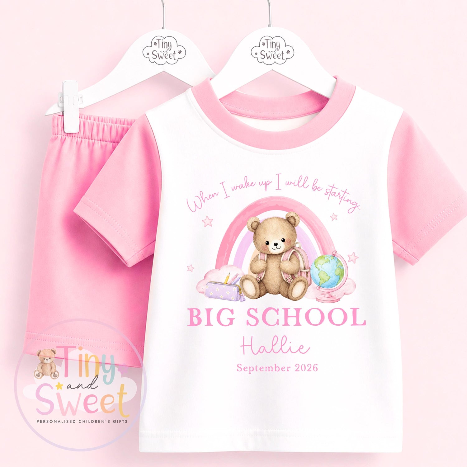 Personalised Starting School Shorts &amp; T-shirt Set, Girls or Boys Big School Cotton Clothing Set, Tight-fitting, Starting School Morning Set