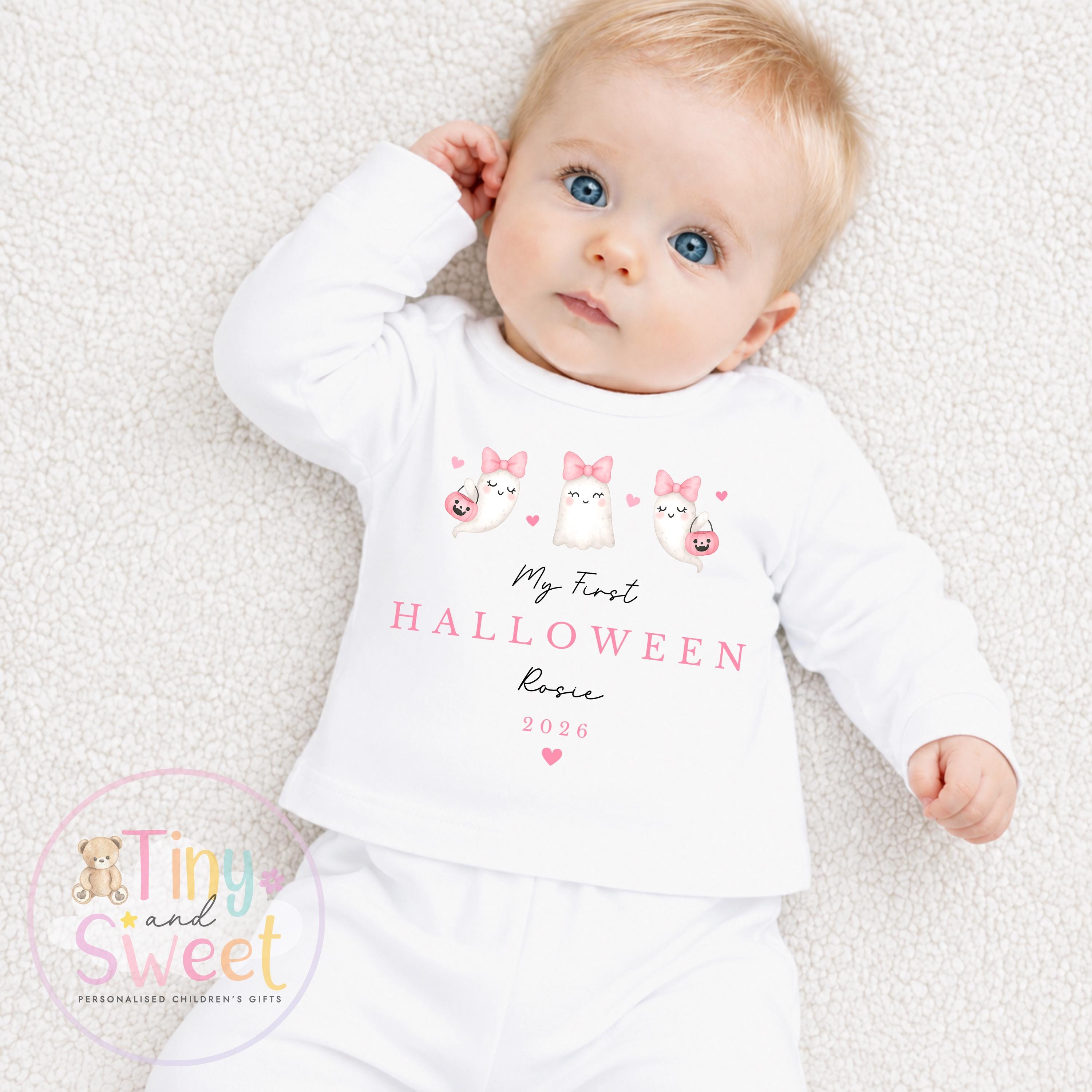 Pink Ghosts My First Halloween Personalised Sleepsuit