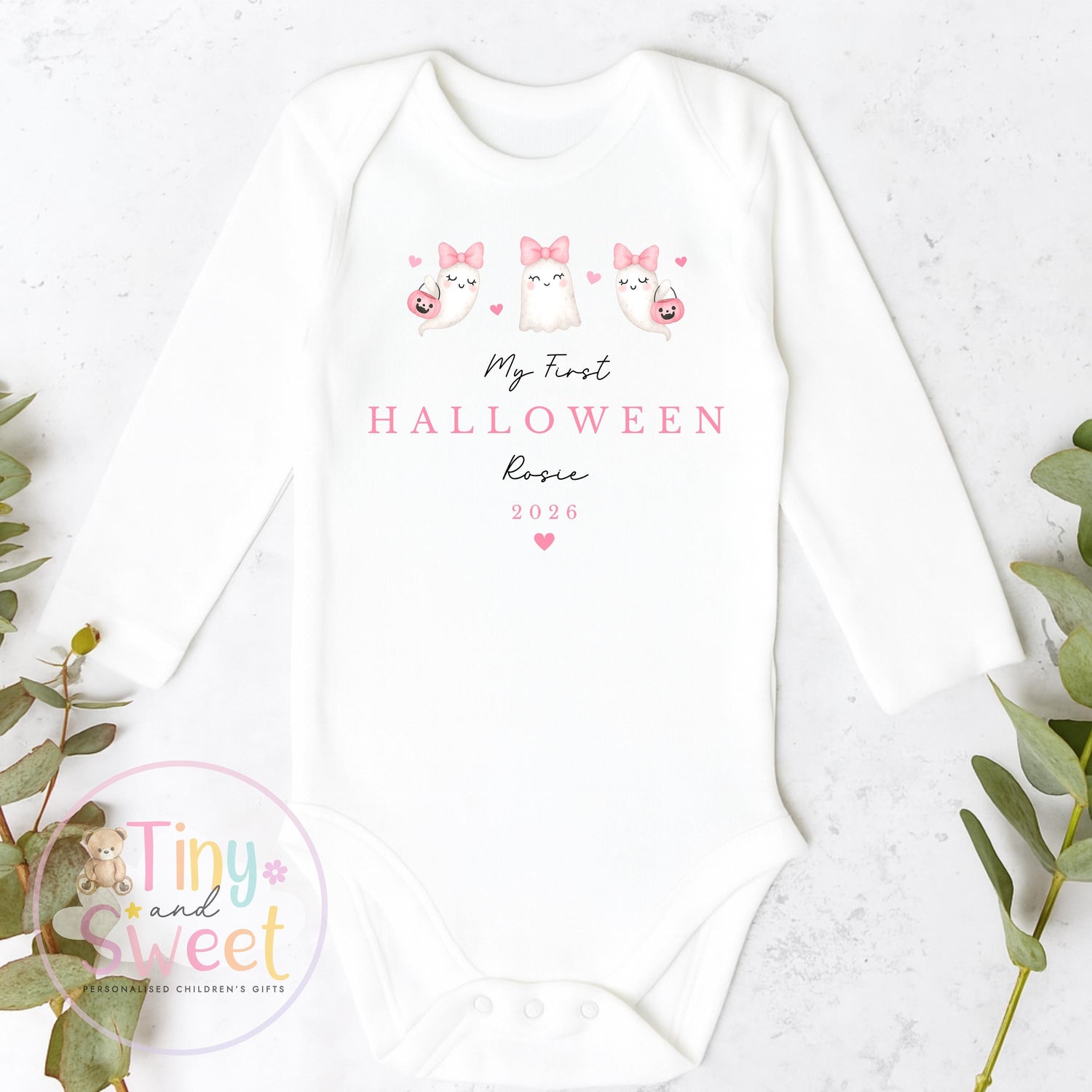 Pink Ghosts My First Halloween Personalised Sleepsuit