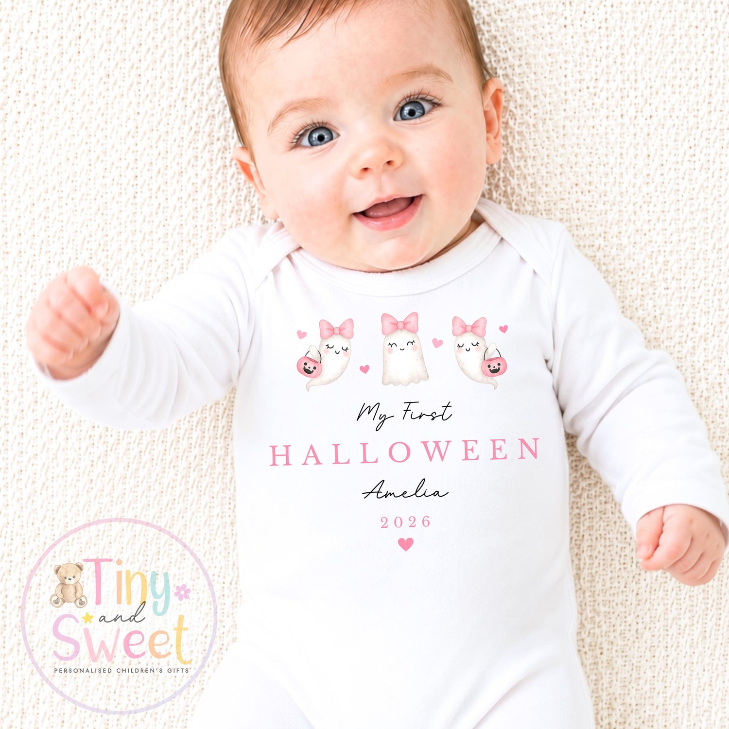 Pink Ghosts My First Halloween Personalised Sleepsuit