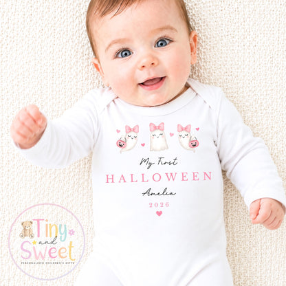 Pink Ghosts My First Halloween Personalised Sleepsuit