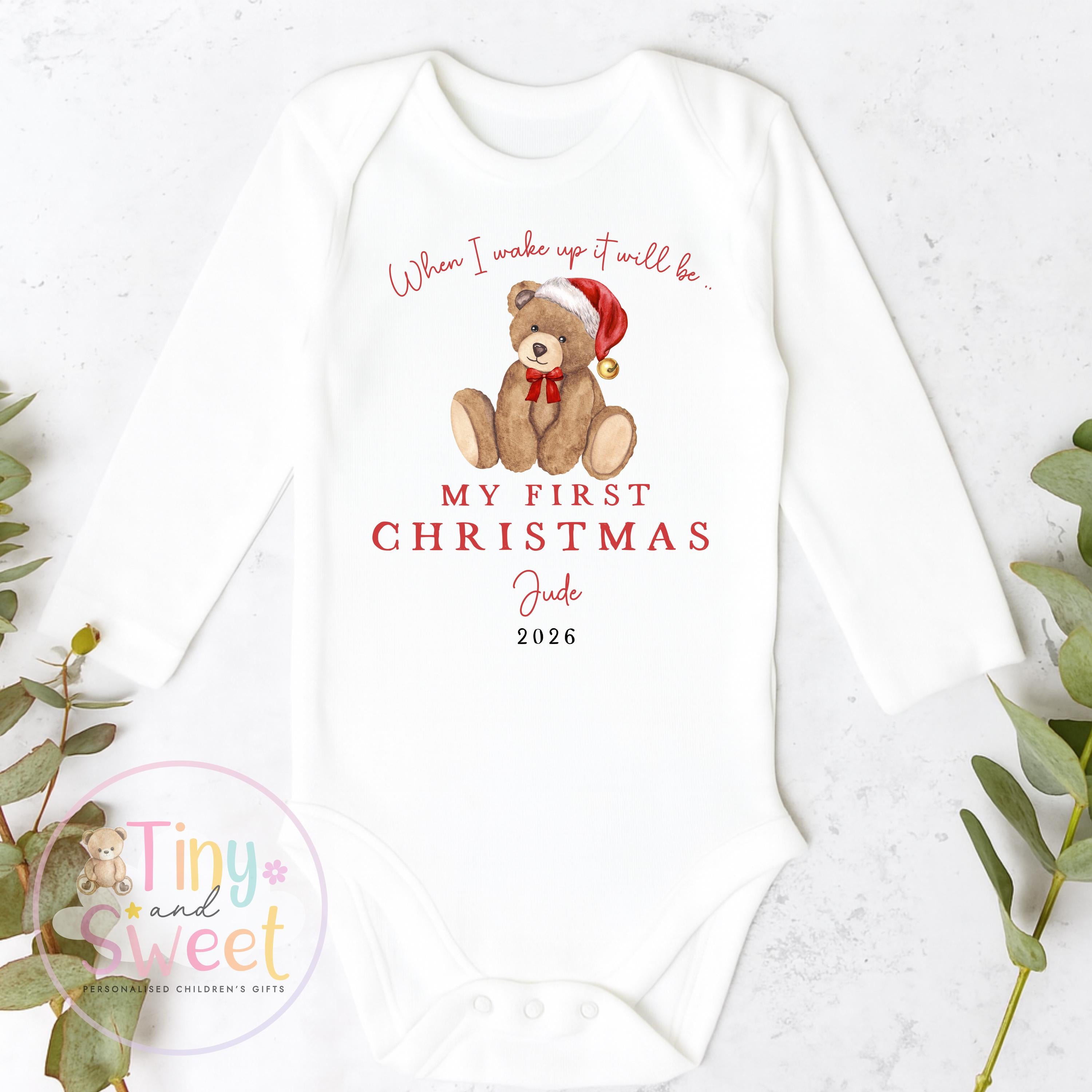 First Christmas Classic Teddy Personalised Red Stripe Sleepsuit