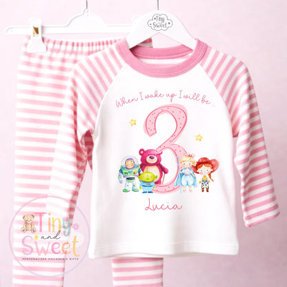 Personalised Pink Any Age Themed Birthday Girls Stripe Long Set, Girl Birthday Cotton Clothing Set, Birthday Morning Set