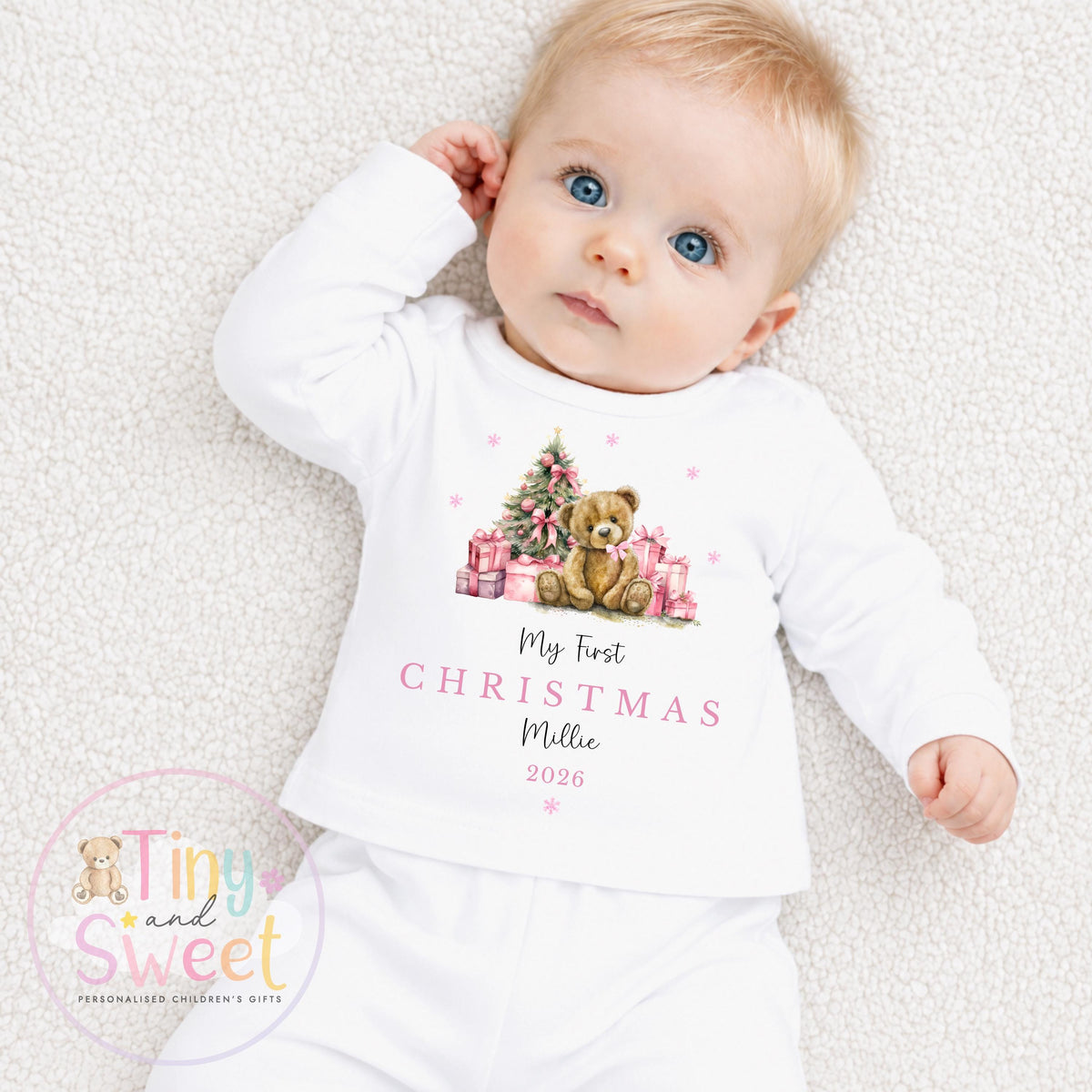 Personalised Pink/Blue Teddy My First Christmas Sleepsuit