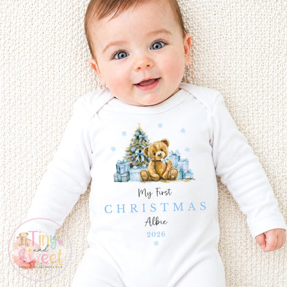 Personalised Pink/Blue Teddy My First Christmas Sleepsuit