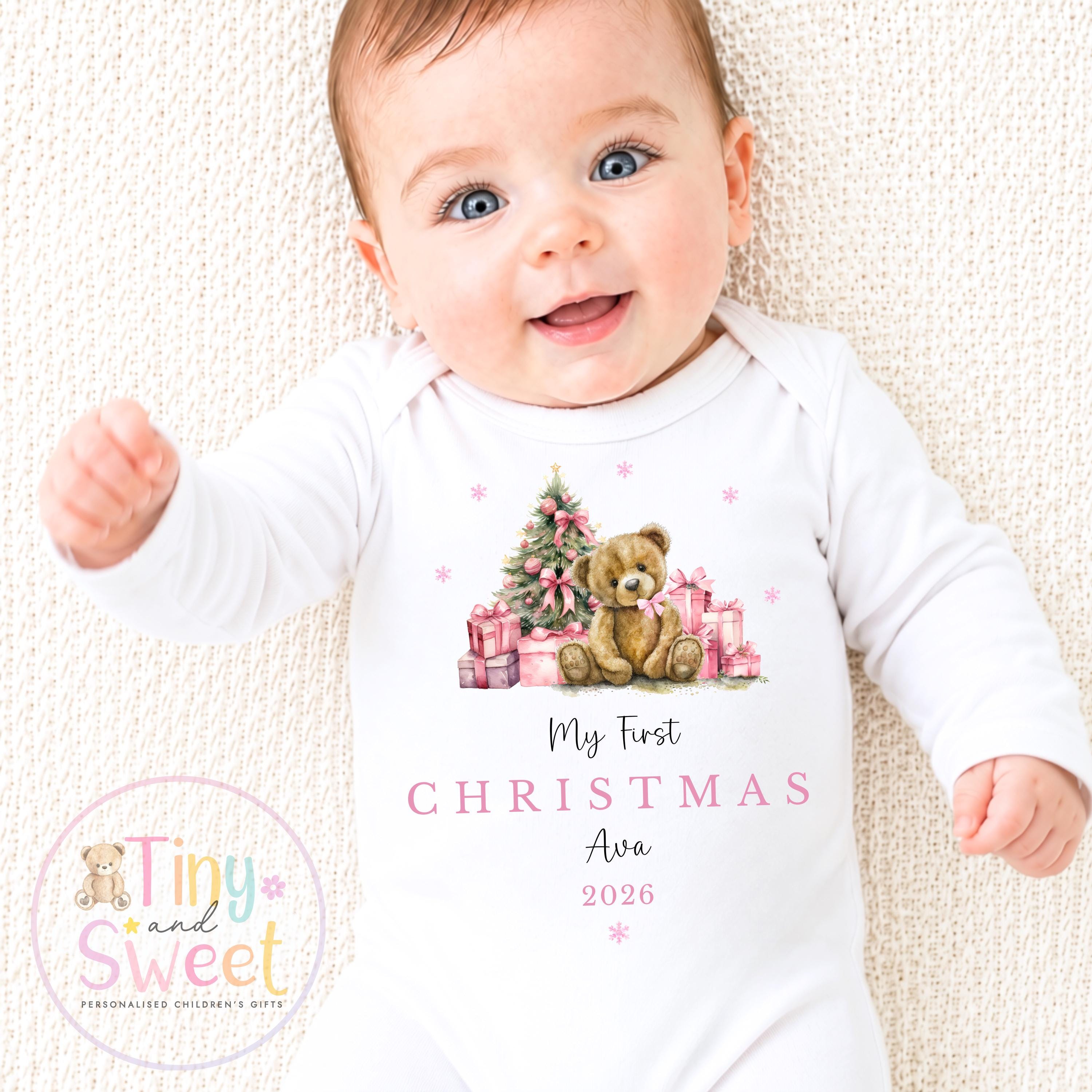 Personalised Pink/Blue Teddy My First Christmas Sleepsuit