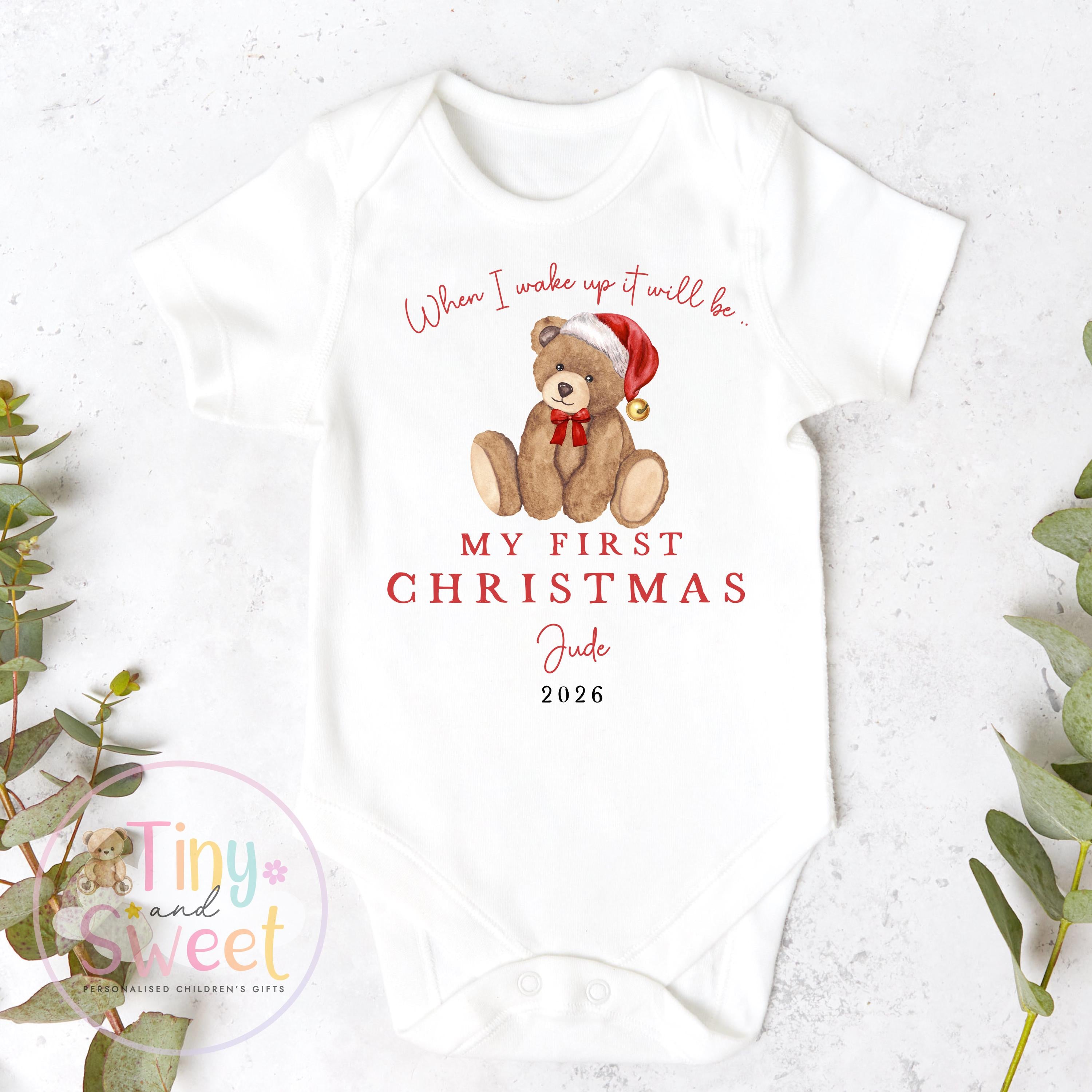 First Christmas Classic Teddy Personalised Red Stripe Sleepsuit