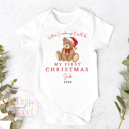 First Christmas Classic Teddy Personalised Red Stripe Sleepsuit
