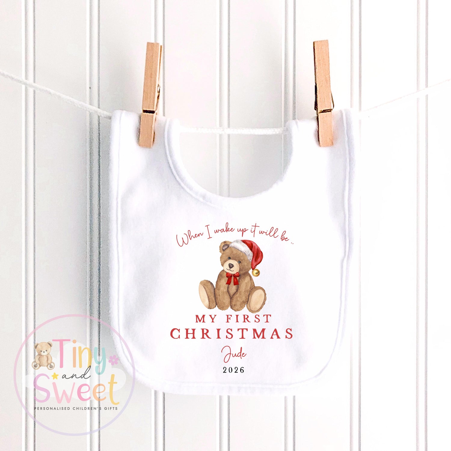 First Christmas Classic Teddy Personalised Red Stripe Sleepsuit