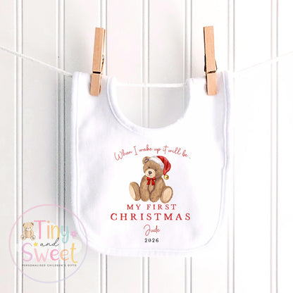 First Christmas Classic Teddy Personalised Red Stripe Sleepsuit