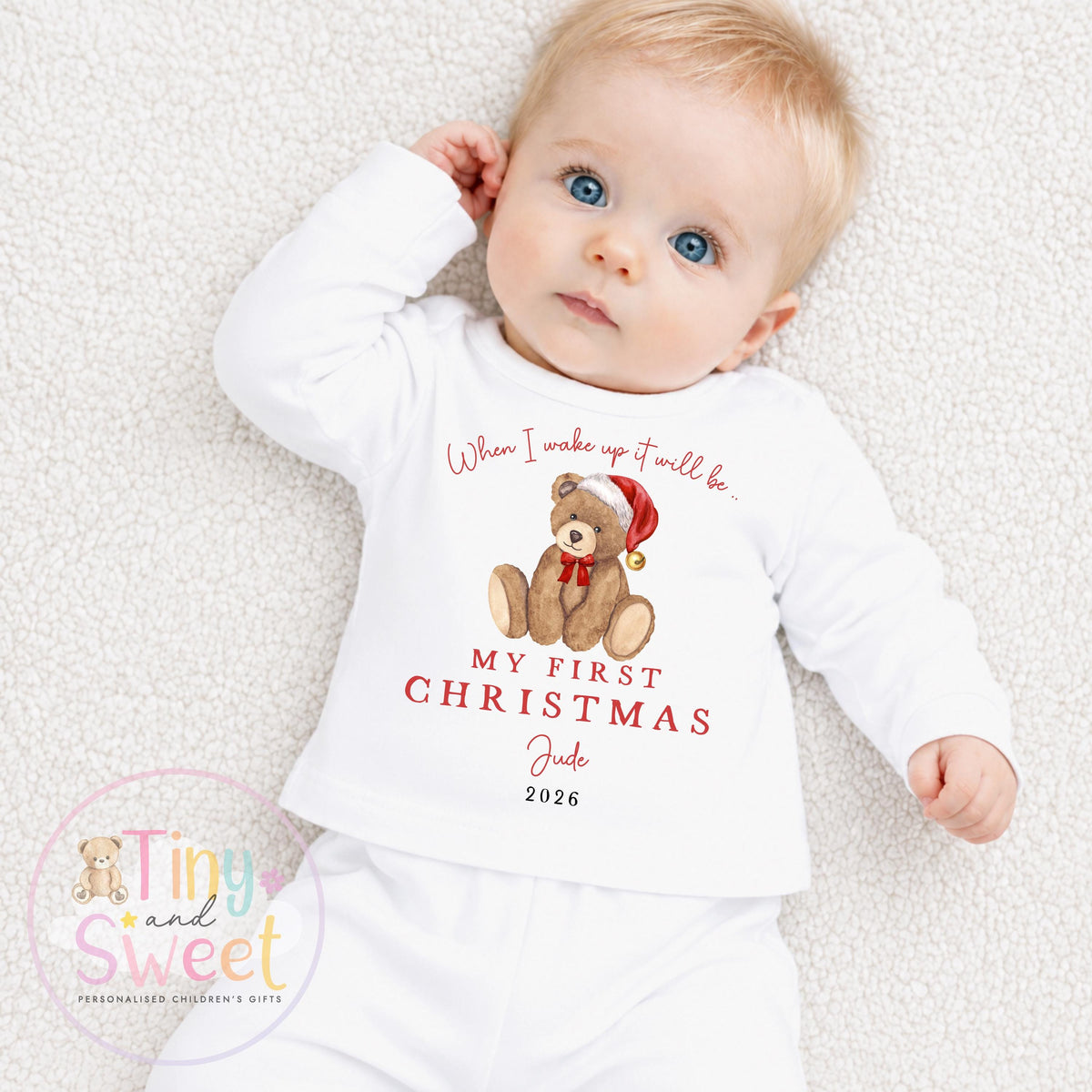 When I Wake Up It Will Be My First Christmas Teddy Bear Personalised Sleepsuit/Vest