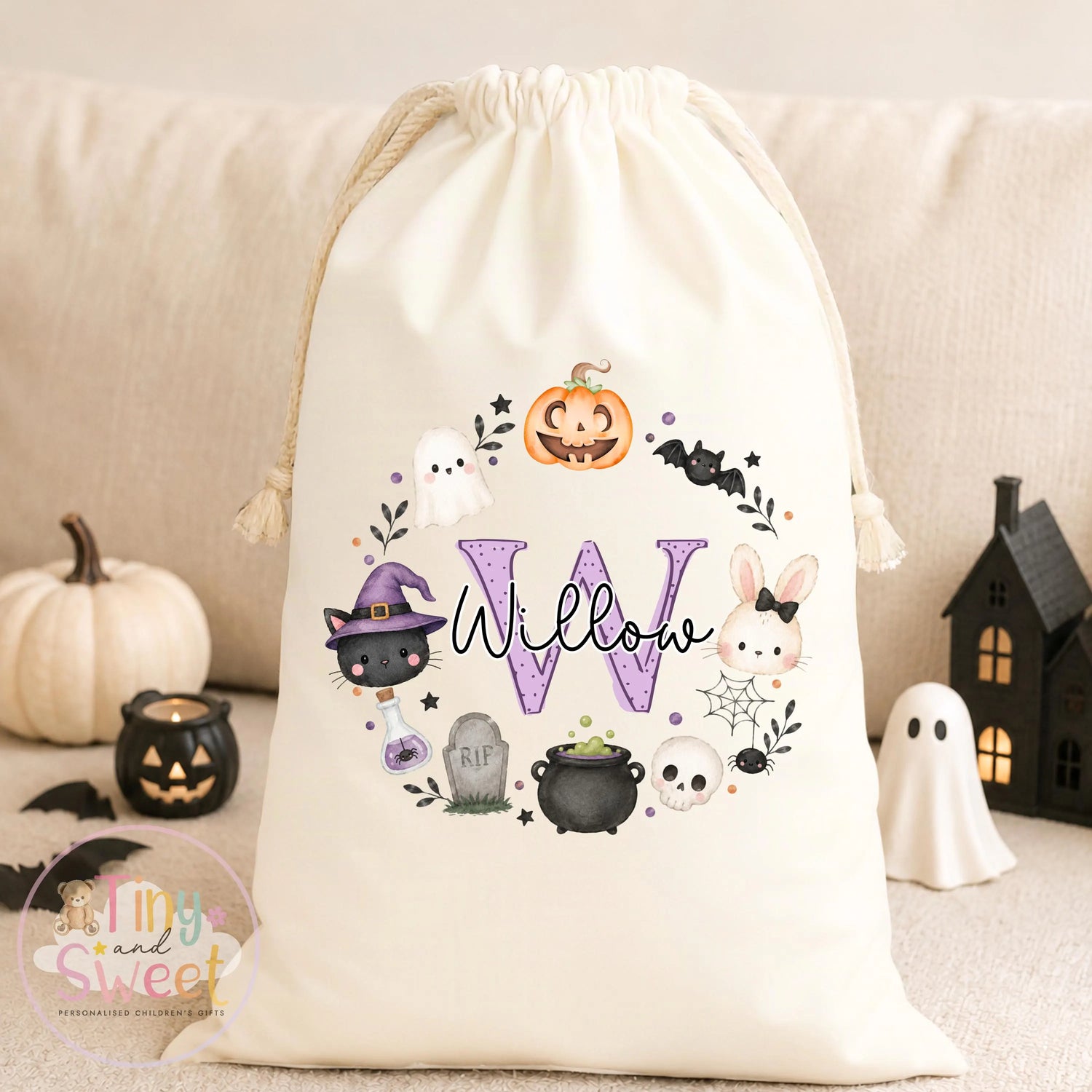 Purple Initial Cat Witch Personalised Boo Bag