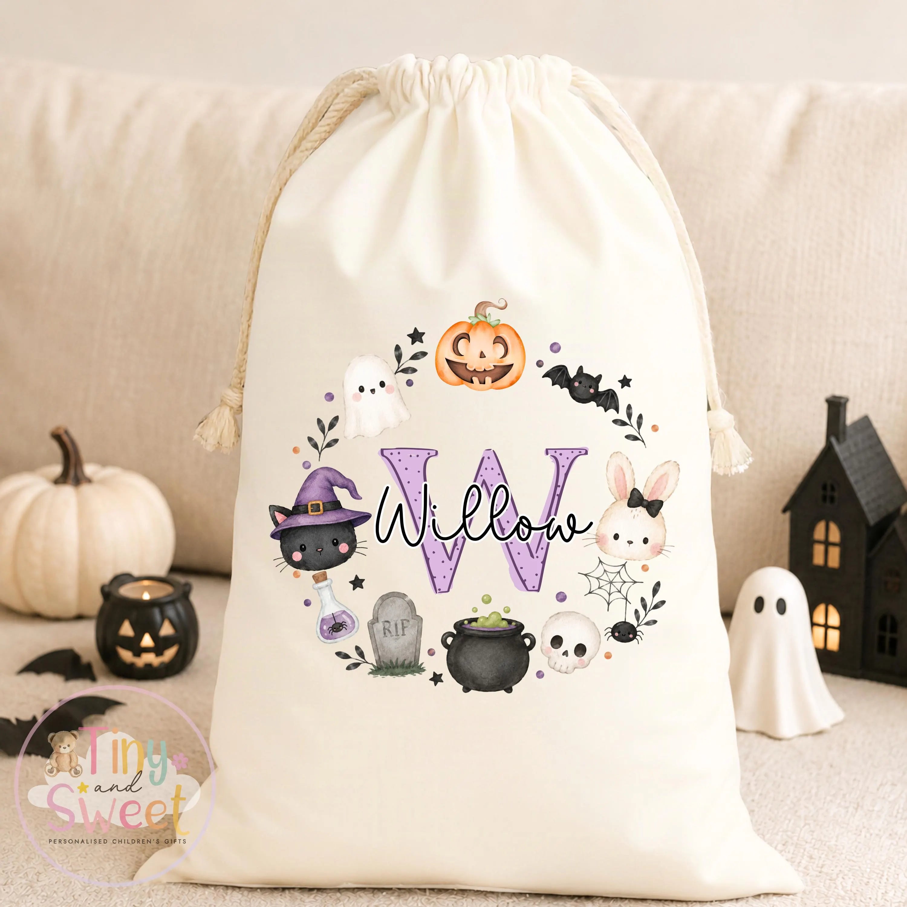 Purple Initial Cat Witch Personalised Boo Bag