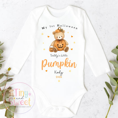 Personalised First Halloween Baby Sleepsuit, Little Pumpkin Teddy Bear Babygrow, Halloween Gift For New Baby, Halloween 2026