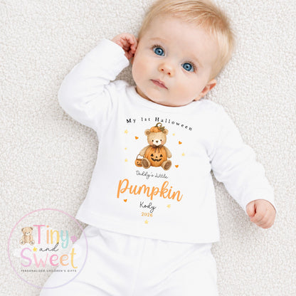 Personalised First Halloween Baby Sleepsuit, Little Pumpkin Teddy Bear Babygrow, Halloween Gift For New Baby, Halloween 2026