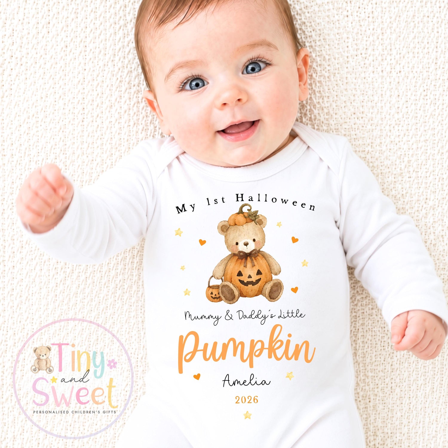 Personalised First Halloween Baby Sleepsuit, Little Pumpkin Teddy Bear Babygrow, Halloween Gift For New Baby, Halloween 2026