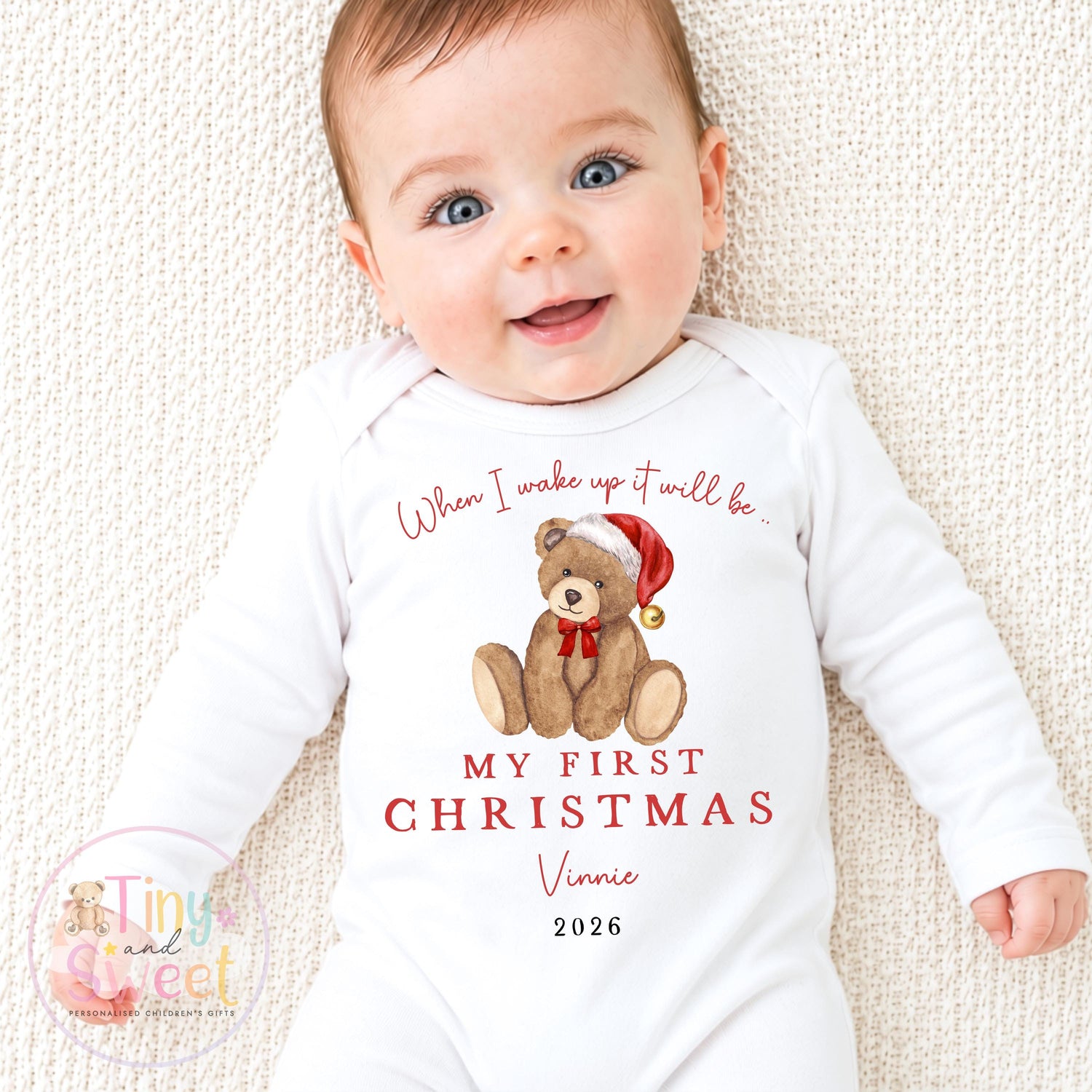 First Christmas Classic Teddy Personalised Red Stripe Sleepsuit
