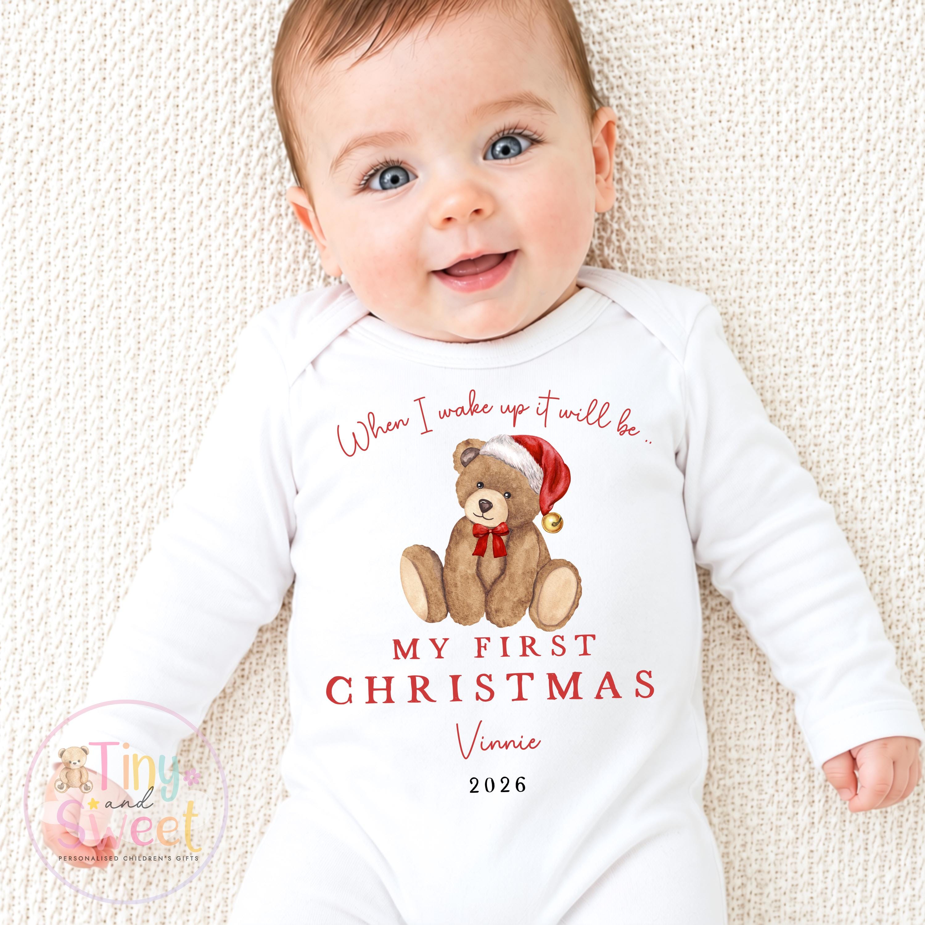 First Christmas Classic Teddy Personalised Red Stripe Sleepsuit