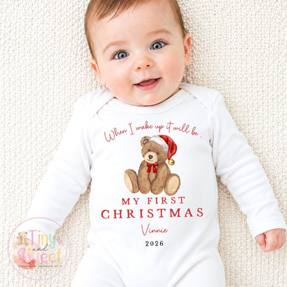 First Christmas Classic Teddy Personalised Red Stripe Sleepsuit
