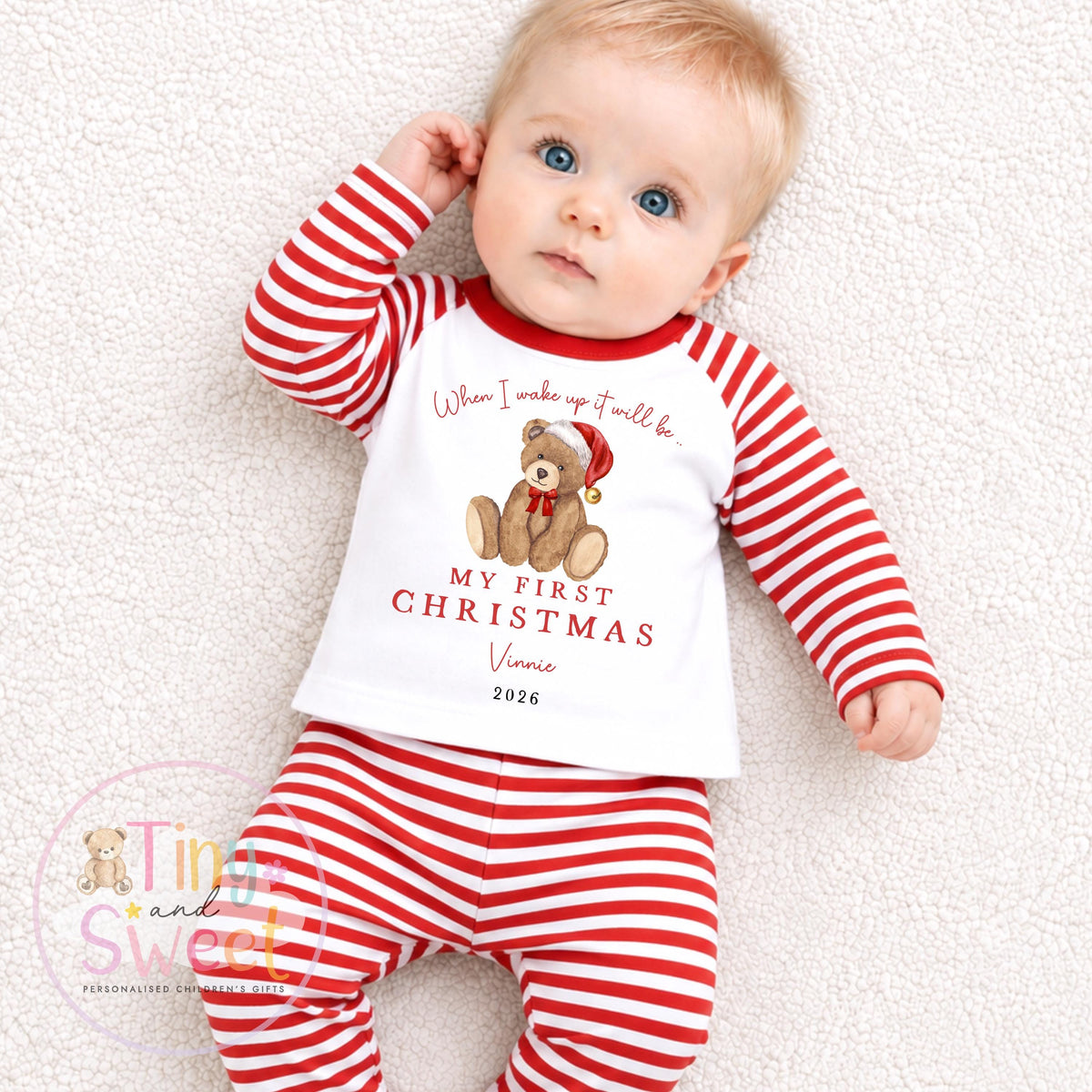When I Wake Up It Will Be My First Christmas Teddy Bear Personalised Sleepsuit/Vest