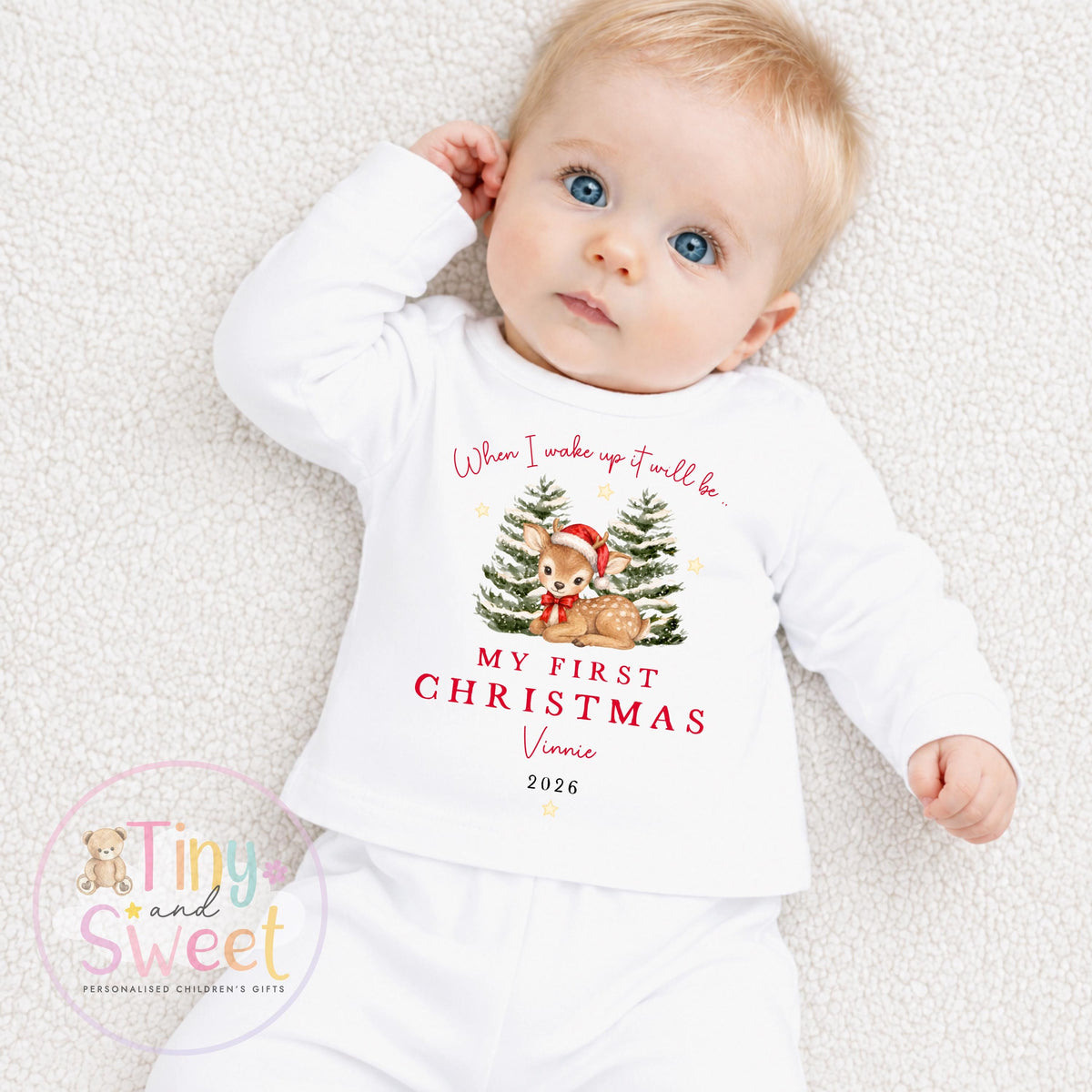 When I wake up Deer My First Christmas Personalised Sleepsuit/Vest