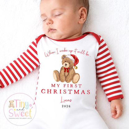 First Christmas Classic Teddy Personalised Red Stripe Sleepsuit
