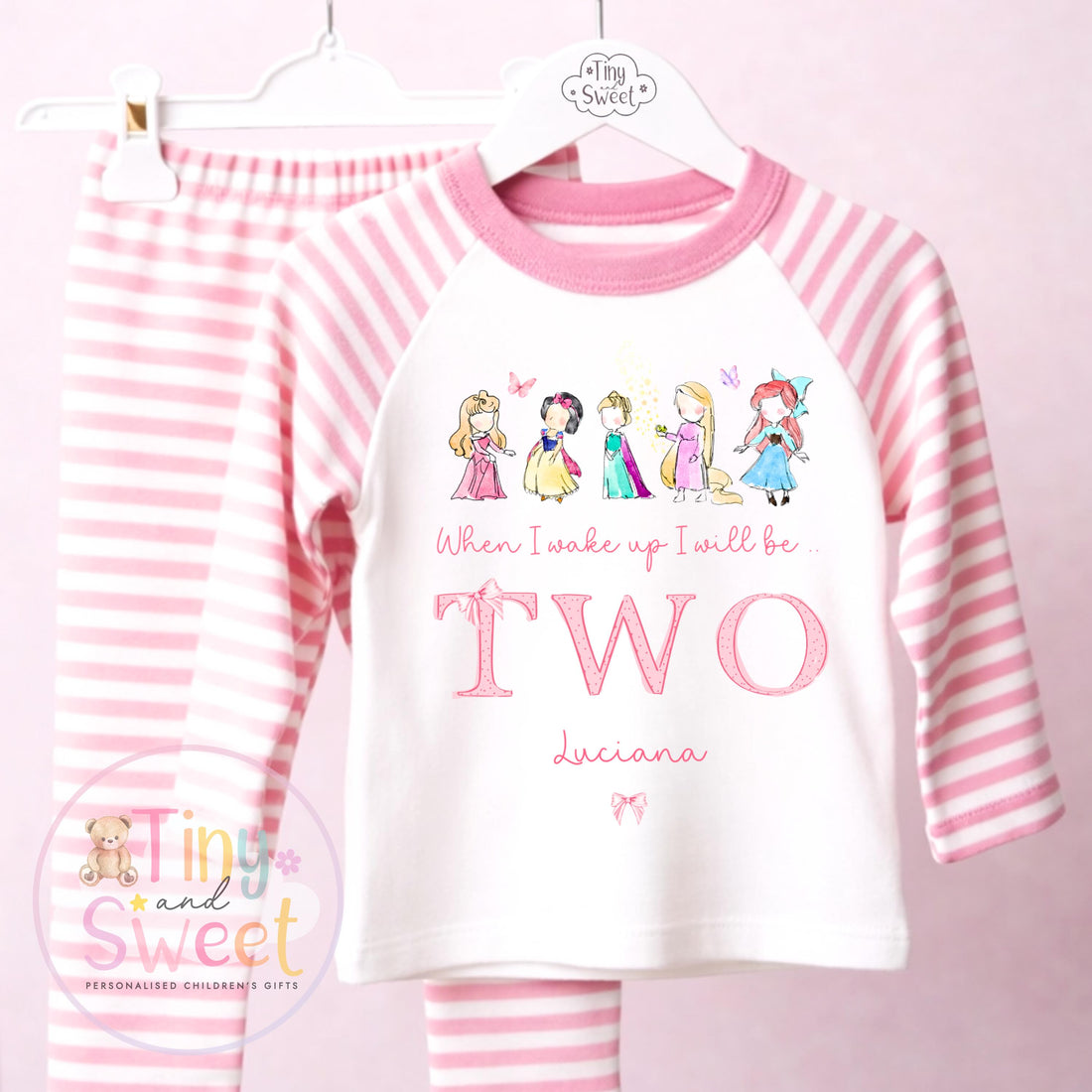 Personalised Pink Any Age Themed Birthday Girls Stripe Long Set, Girl Birthday Cotton Clothing Set, Birthday Morning Set