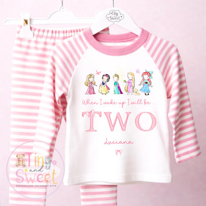 Personalised Pink Any Age Themed Birthday Girls Stripe Long Set, Girl Birthday Cotton Clothing Set, Birthday Morning Set
