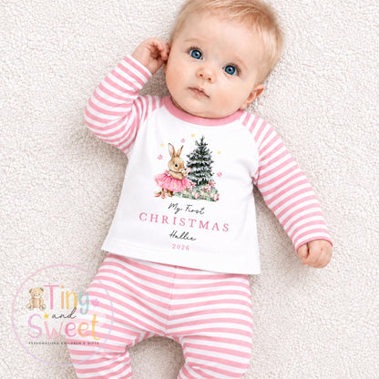 Pink Christmas Ballerina Bunny Personalised Sleepsuit/Vest