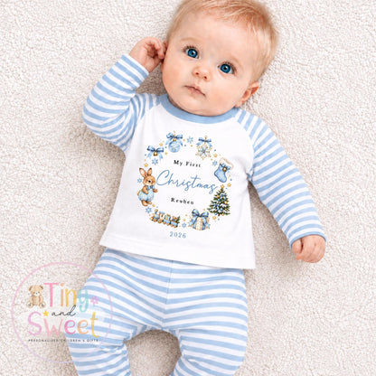 Pink or Blue Christmas Bunny Wreath Personalised Sleepsuit/Vest