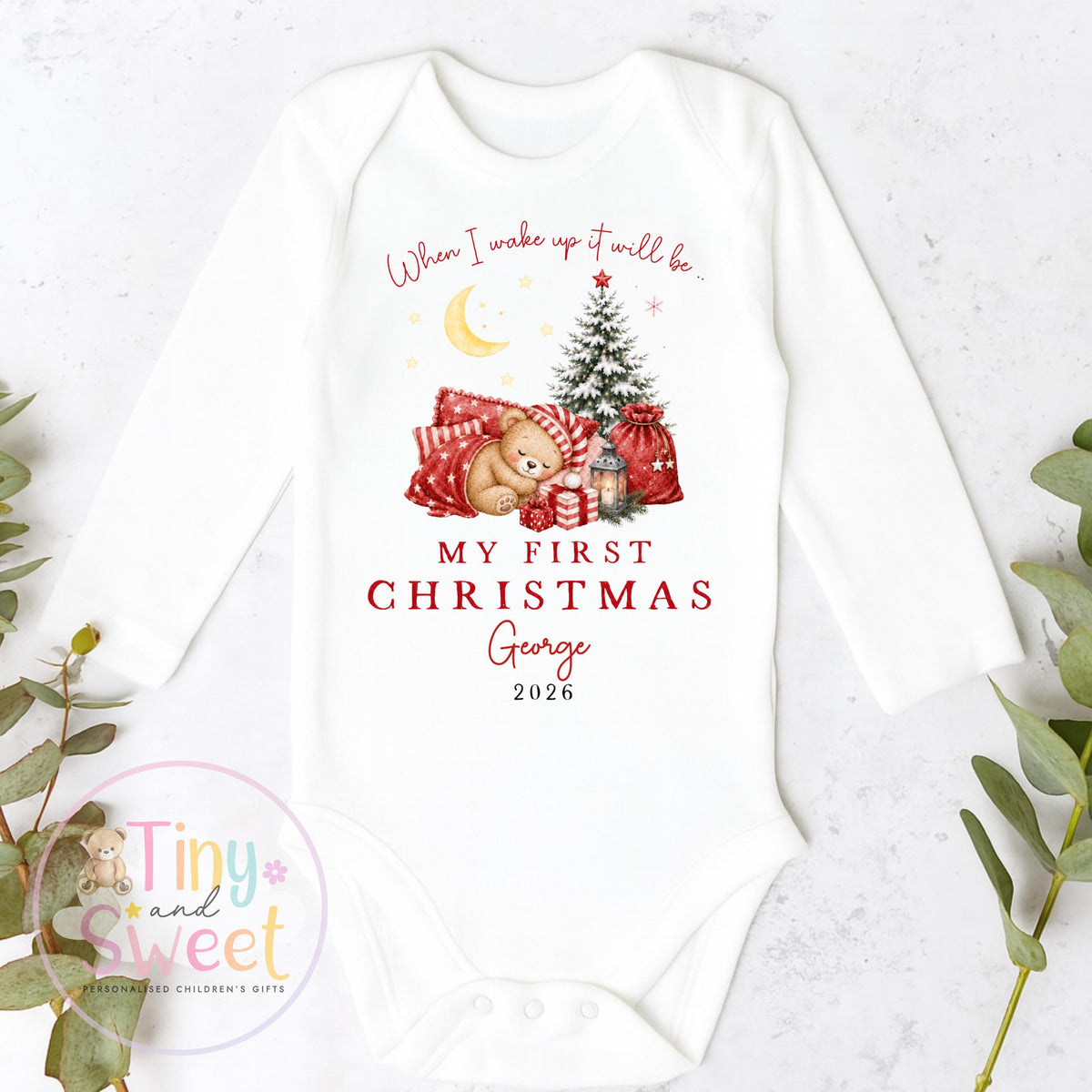 Sleeping Teddy Bear Personalised My First Christmas Sleepsuit/Vest