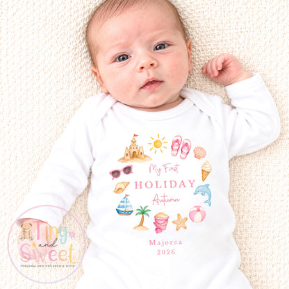 My First Holiday Sleepsuit, Personalised Baby Travel Outfit, Baby’s First Holiday T Shirt, Cute Summer Travel Outfit, My First Holiday