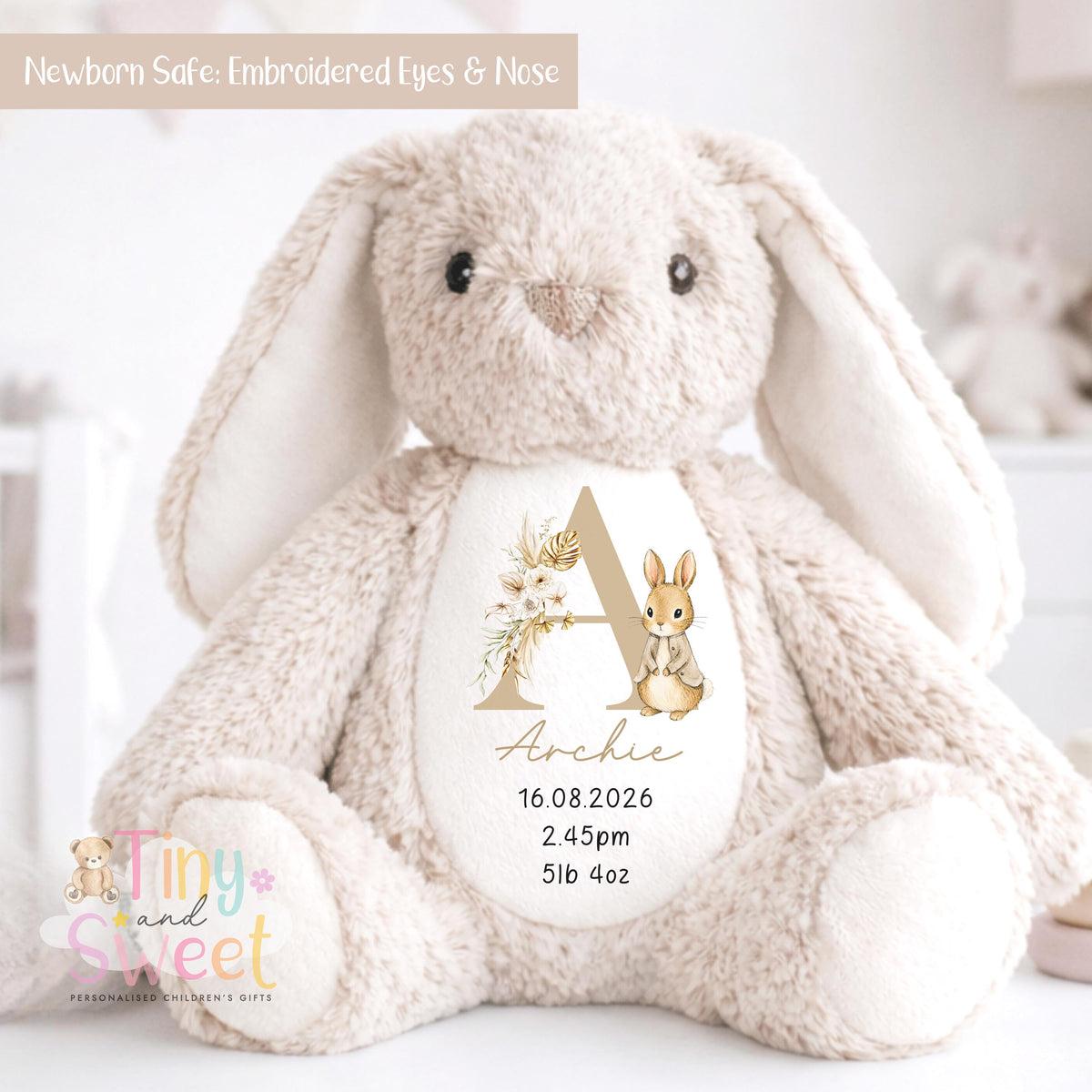 Personalised New Baby soft Toy, New Birth Gift, New baby gift, Newborn Gift, Baby Keepsake, Baby shower gift, Birth stats, Teddy, Bunny