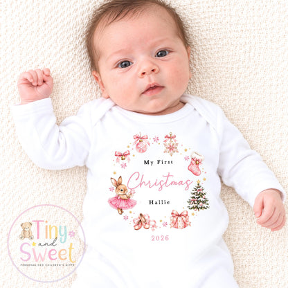 Pink or Blue Christmas Bunny Wreath Personalised Sleepsuit/Vest