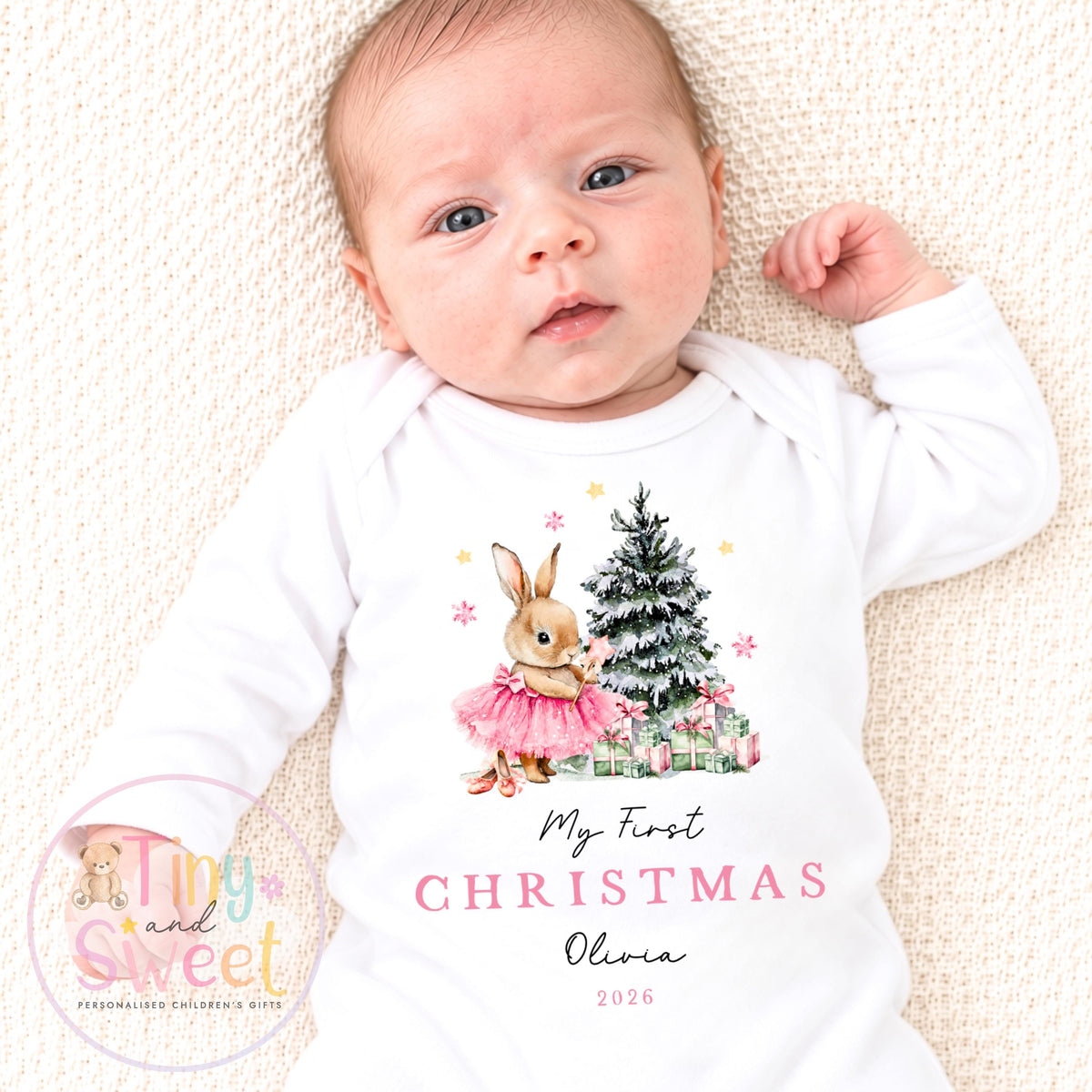 Pink Christmas Ballerina Bunny Personalised Sleepsuit/Vest