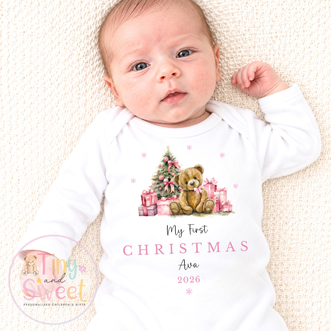 Blue or Pink My First Christmas Teddy Personalised Sleepsuit/Vest