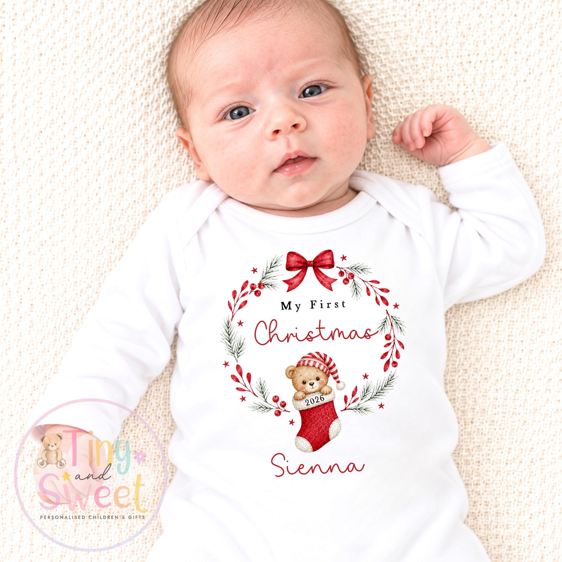 Personalised Teddy Bear in Stocking Christmas Wreath Sleepsuit/Vest