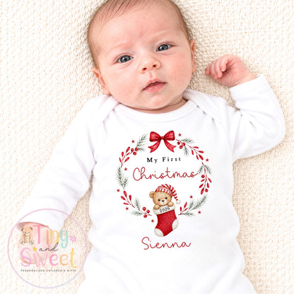 Personalised Teddy Bear in Stocking Christmas Wreath Sleepsuit/Vest