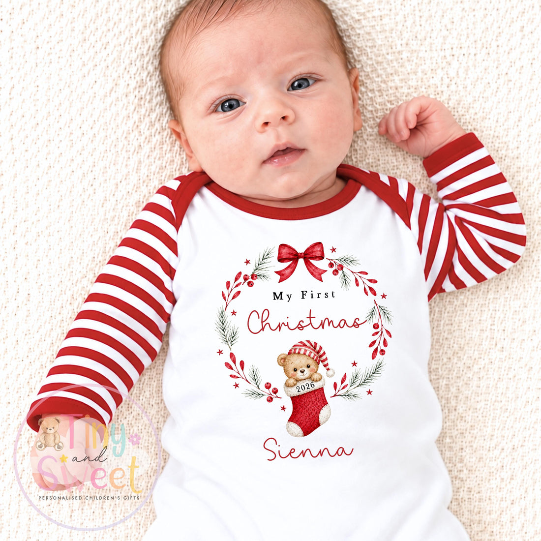 Personalised Teddy Bear in Stocking Christmas Wreath Sleepsuit/Vest