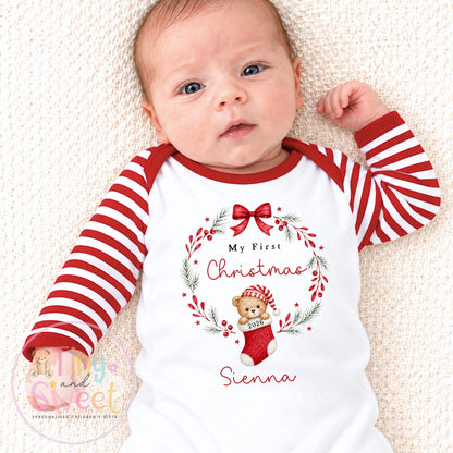 Personalised Teddy Bear in Stocking Christmas Wreath Sleepsuit/Vest