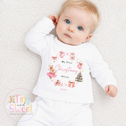 Pink or Blue Christmas Bunny Wreath Personalised Sleepsuit/Vest