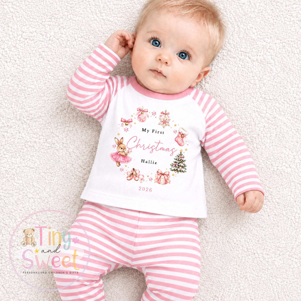 Pink or Blue Christmas Bunny Wreath Personalised Sleepsuit/Vest