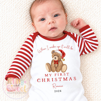 When I Wake Up It Will Be My First Christmas Teddy Bear Personalised Sleepsuit/Vest