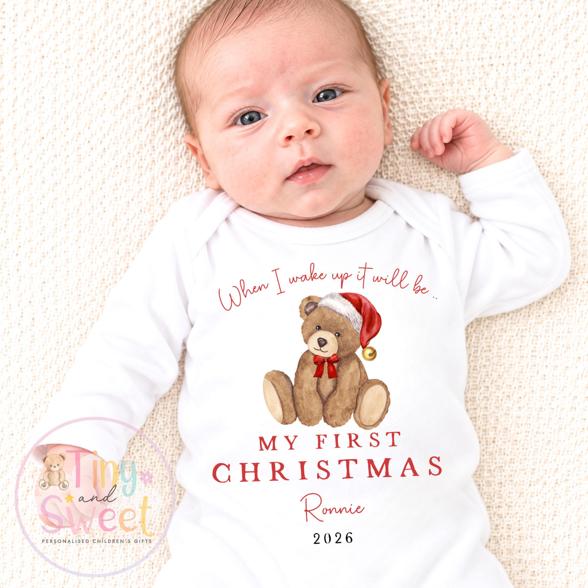 When I Wake Up It Will Be My First Christmas Teddy Bear Personalised Sleepsuit/Vest