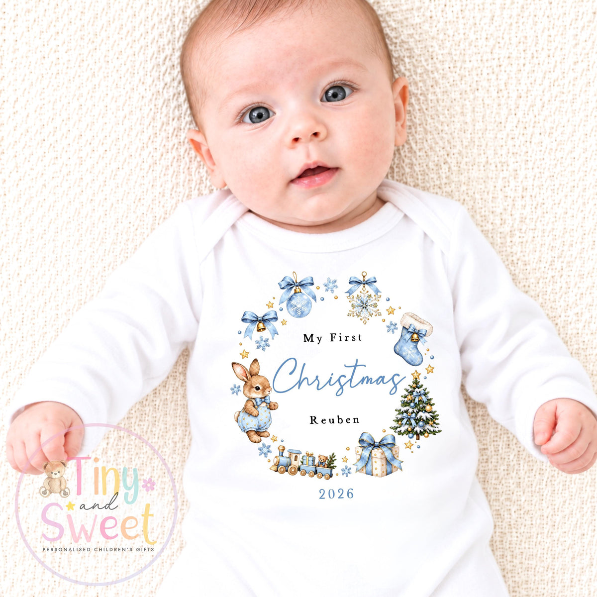 Pink or Blue Christmas Bunny Wreath Personalised Sleepsuit/Vest