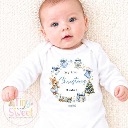 Pink or Blue Christmas Bunny Wreath Personalised Sleepsuit/Vest