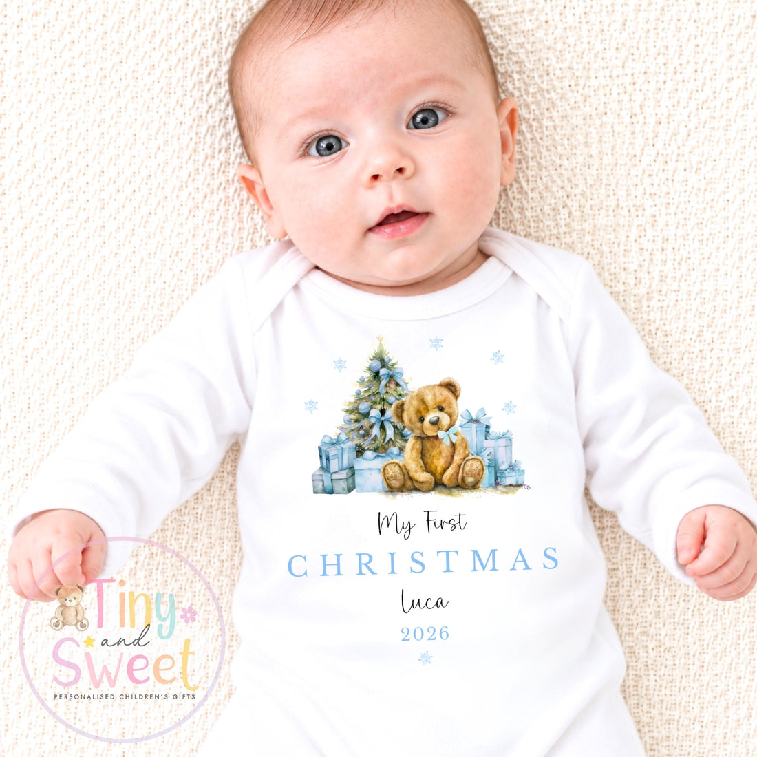 Blue or Pink My First Christmas Teddy Personalised Sleepsuit/Vest