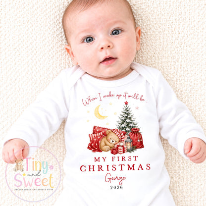 Sleeping Teddy Bear Personalised My First Christmas Sleepsuit/Vest
